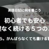 テーブルの上にマグカップと日記が置かれ、日記には“Dear Diary”の英文が書かれている英語日記のイメージ画像