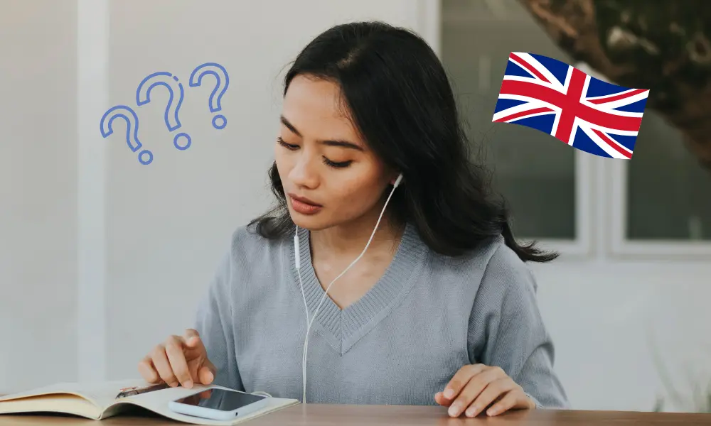 イギリス英語の音声をイヤホンで聞きながら、理解に悩んでいる女性。頭の上にユニオンジャックとクエスチョンマーク