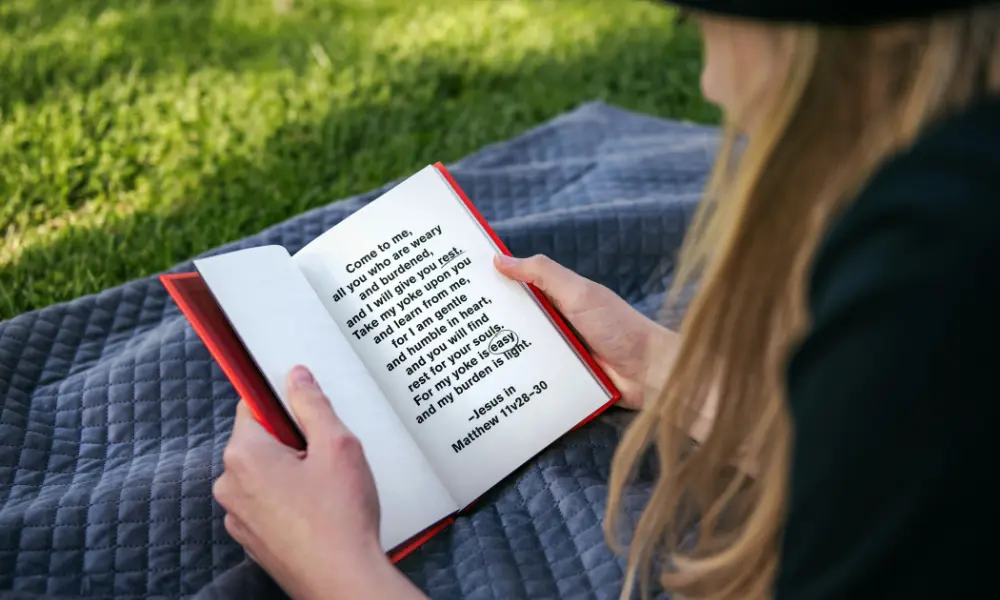 芝生の上にマットを敷き、お気に入りの英語の本を読む女性。静かな午後に英語を楽しむ様子を後ろから撮影。