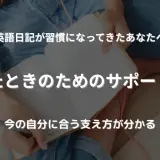 ベッドの上でノートを開き、英語日記を書き始める手元